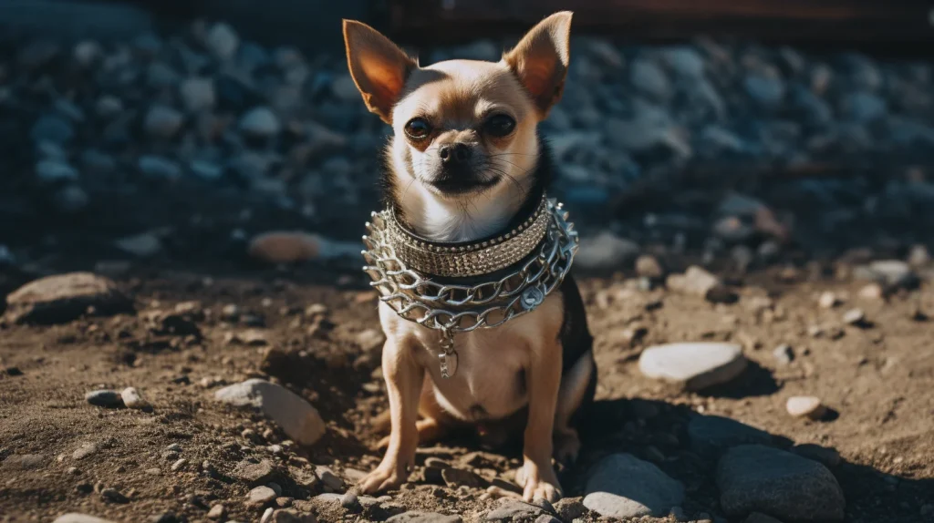 Chihuahua pequeño con un impresionante collar de diamantes posando en exteriores