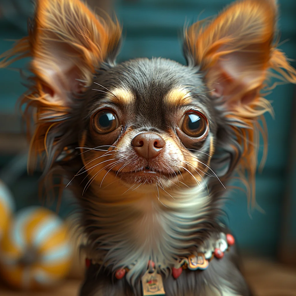 Chihuahua con pelaje oscuro y collar decorativo