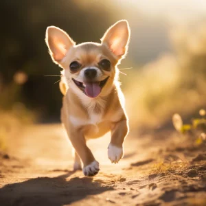 Chihuahua corriendo hacia la cámara en un sendero iluminado por el atardecer