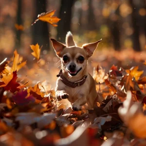 Chihuahua corriendo entre hojas otoñales en un parque.