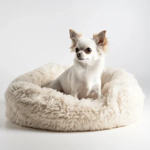 Chihuahua blanco descansando en una cama suave y mullida.