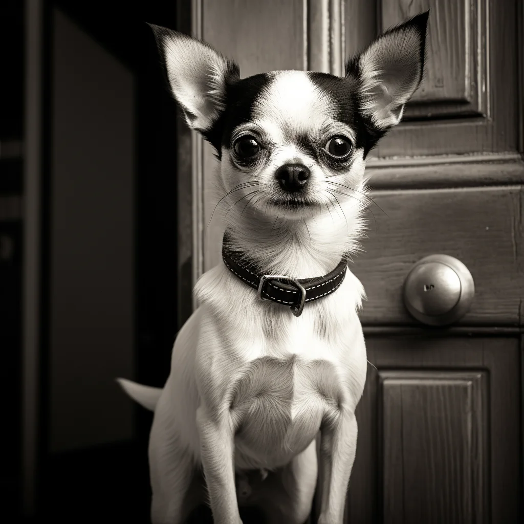 Chihuahua blanco y negro con collar de cuero posando en una puerta de madera