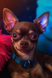 Chihuahua marrón en un entorno colorido.
