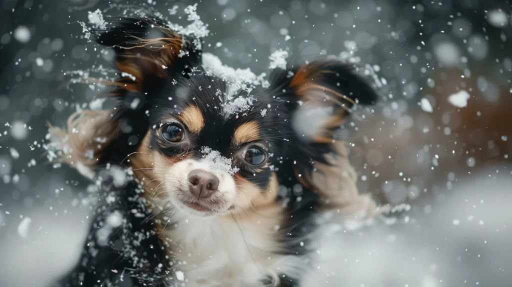 Chihuahua tricolor jugando en la nieve con copos cayendo alrededor