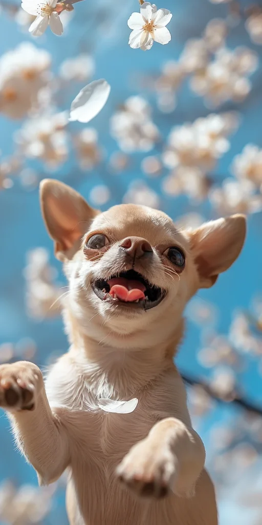 Chihuahua jugando entre flores de primavera.