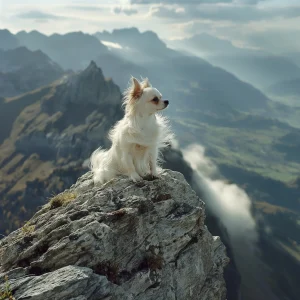 Chihuahua blanco mirando el paisaje desde una montaña.