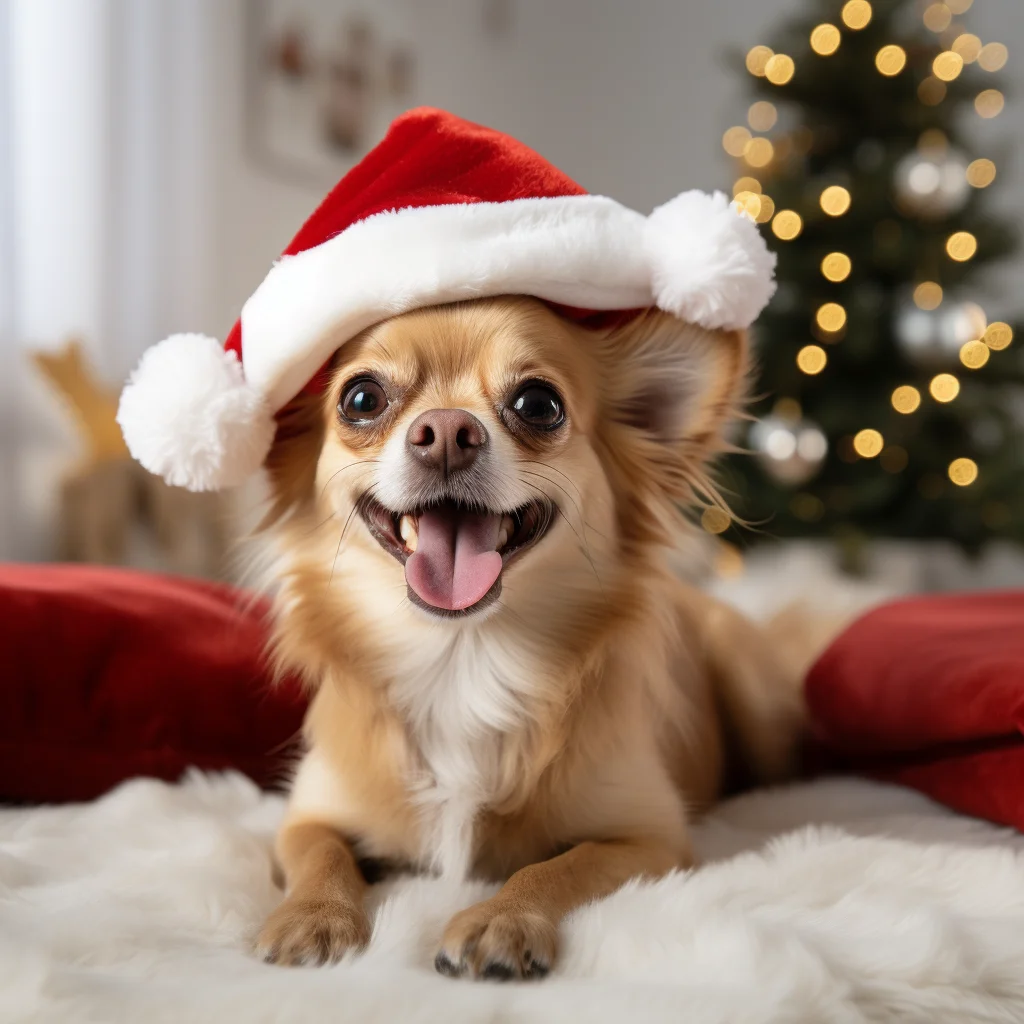 Chihuahua feliz con gorro de Navidad en un ambiente festivo