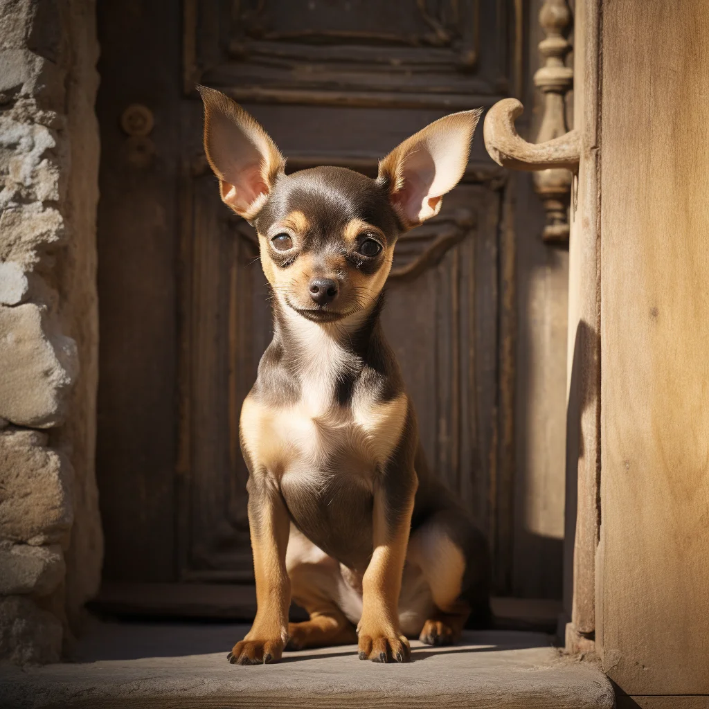 Chihuahua marrón claro sentado bajo el sol en una entrada de madera