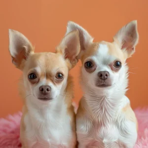 Dos chihuahuas de color crema posando juntos sobre un fondo naranja