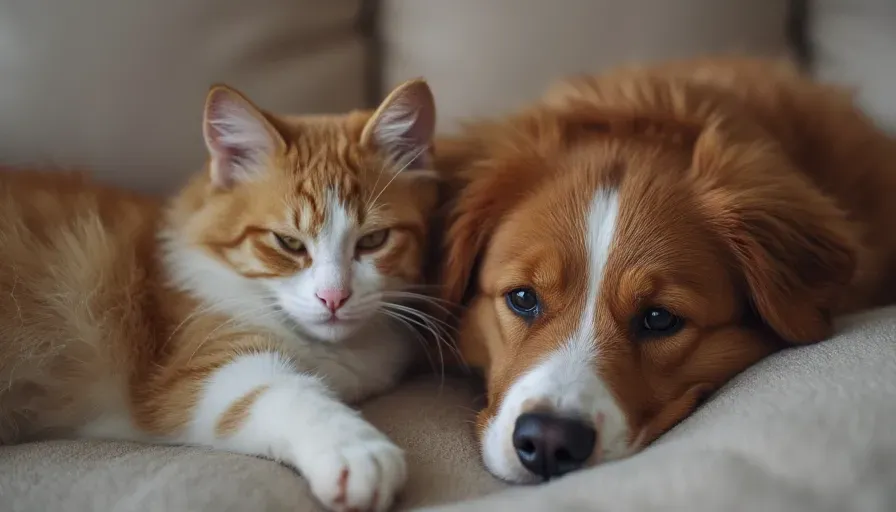 Un gato y un perro descansando juntos en un sofá, transmitiendo una sensación de calma y unión