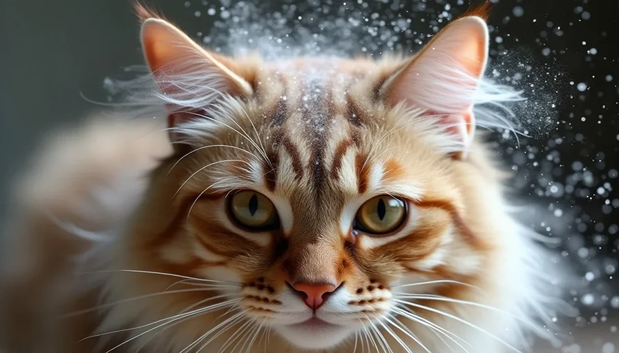 Primer plano de un gato con caspa visible en su pelaje, mostrando signos de problemas en la piel