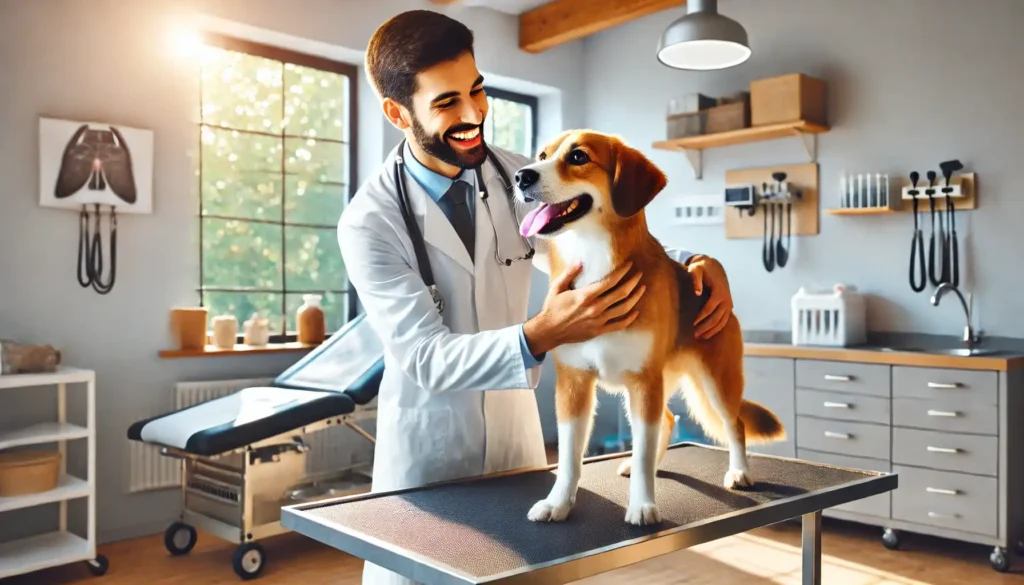 Castración de perros 1 erro feliz siendo examinado por un veterinario en una clínica acogedora