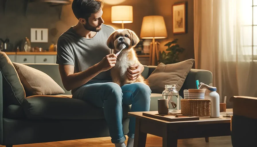 Cómo cepillar los dientes de tu perro 3 Dueño cepillando los dientes de su perro pequeño en una sala de estar acogedora