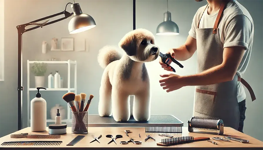 Cómo cortar el pelo a un perro 5 Groomer cortando el pelo de un perro en una mesa de aseo con herramientas de peluquería alrededor
