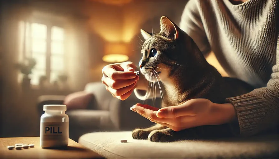 Cómo darle una pastilla a un gato 1 Persona administrando una pastilla a un gato doméstico con delicadeza usando un dispensador en una sala acogedora