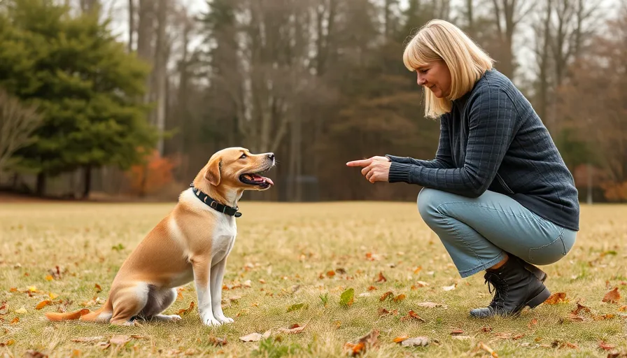 Cómo enseñarle a un perro la orden "¡Uf!" 1 Entrenador de perros enseñando la orden '¡Fu!' en un parque, con un perro atento y listo para obedecer
