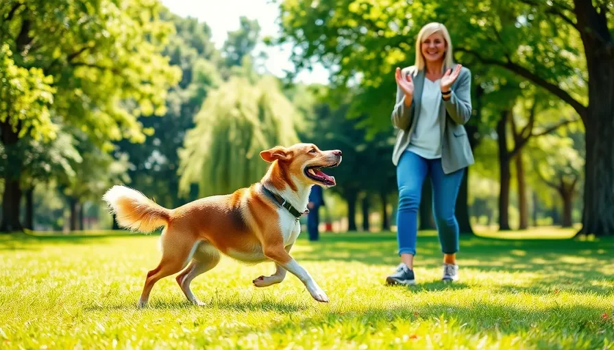 Cómo enseñarle a un perro la orden "¡Ven!" 1 Perro corriendo hacia su dueño en un parque verde en un día soleado, respondiendo a la llamada