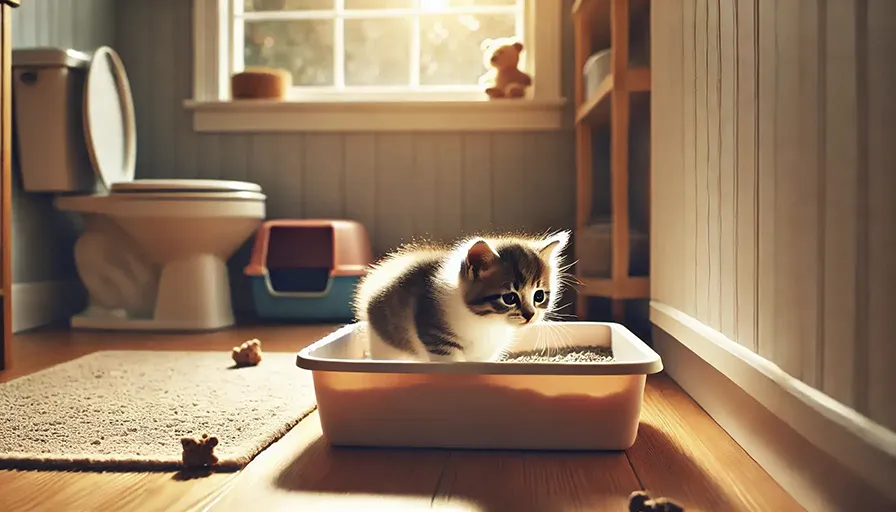 Gatito explorando una caja de arena en un rincón acogedor y limpio de una casa