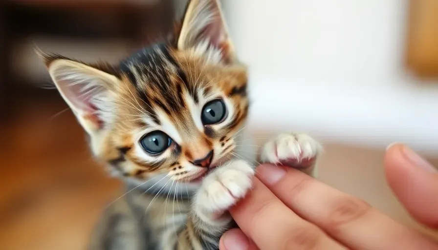 Un gatito jugando mientras intenta morder la mano de su dueño