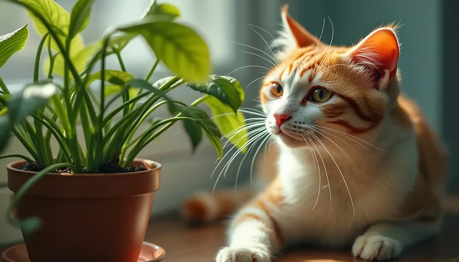 Gato naranja junto a una planta de interior en una maceta
