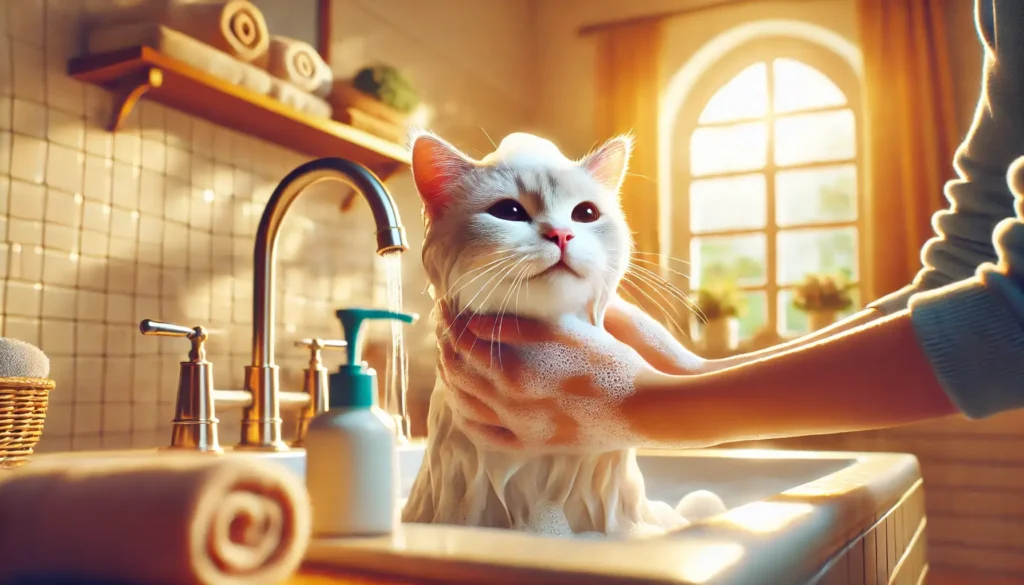 Primer plano de un gato relajado siendo bañado suavemente con burbujas alrededor en un baño luminoso y cálido.