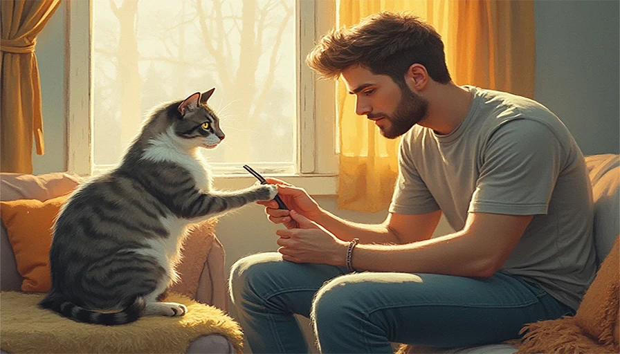 Hombre cortando las garras de un gato en un ambiente hogareño