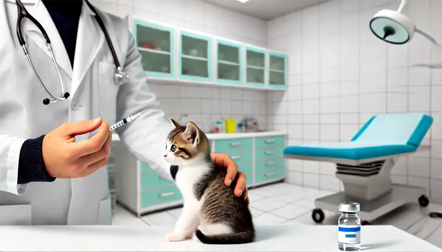 Escena realista de un gatito recibiendo una vacuna en la clínica veterinaria