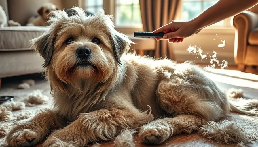 Muda en perros 1 Perro de pelo largo siendo cepillado, rodeado de mechones de pelo en una sala de estar bien iluminada