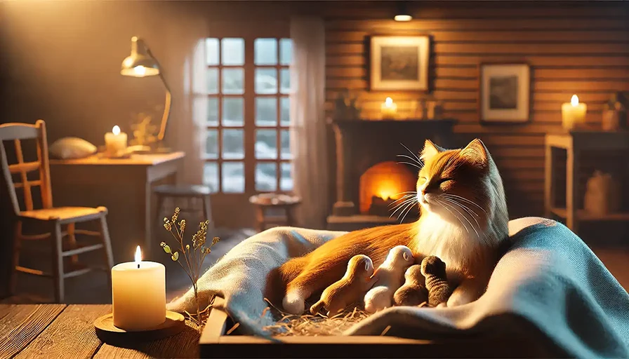 Gata dando a luz en una habitación cálida y acogedora