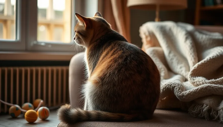 Gatos en celo 2 Gata doméstica sentada junto a la ventana en un ambiente acogedor, mostrando signos de estar en celo, con juguetes esparcidos en el suelo