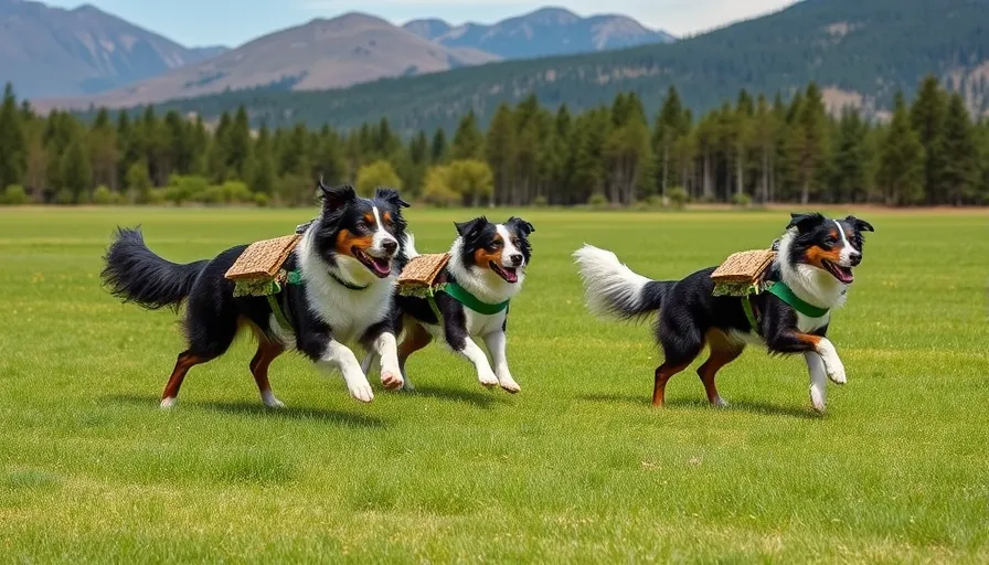 Tres border collies corriendo en un campo con mochilas de semillas en Chile, ayudando a la reforestación después de incendios