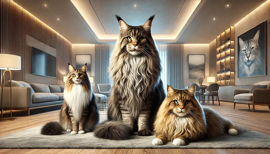 Los gatos mas grandes 1 Los gatos más grandes: Maine Coon, Savannah y gato del bosque noruego en un lujoso entorno interior