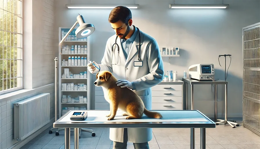 Microchip a perros 2 Veterinario implantando un microchip en un perro en una clínica moderna