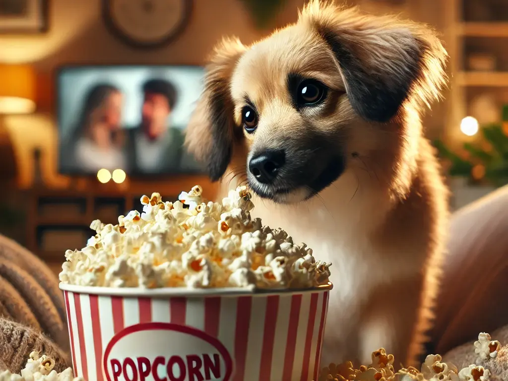 ¿Pueden los perros comer palomitas de maíz? 4 Un perro curioso sentado en un sofá con un cuenco de palomitas de maíz delante.