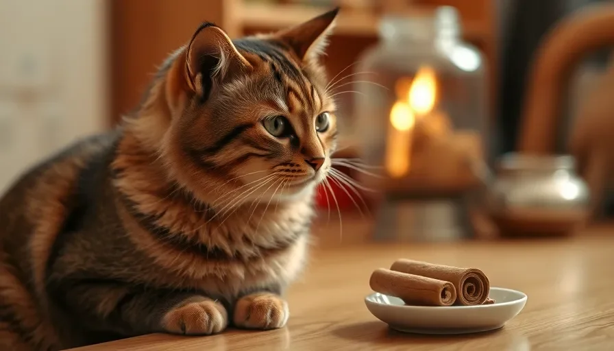 Gato mirando palitos de canela sobre un plato pequeño