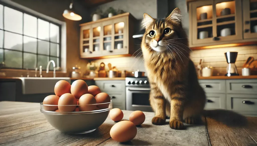 ¿Pueden los gatos comer huevos? 1 Gato sentado junto a un cuenco de huevos en un ambiente acogedor de cocina, destacando la alimentación natural para mascotas.