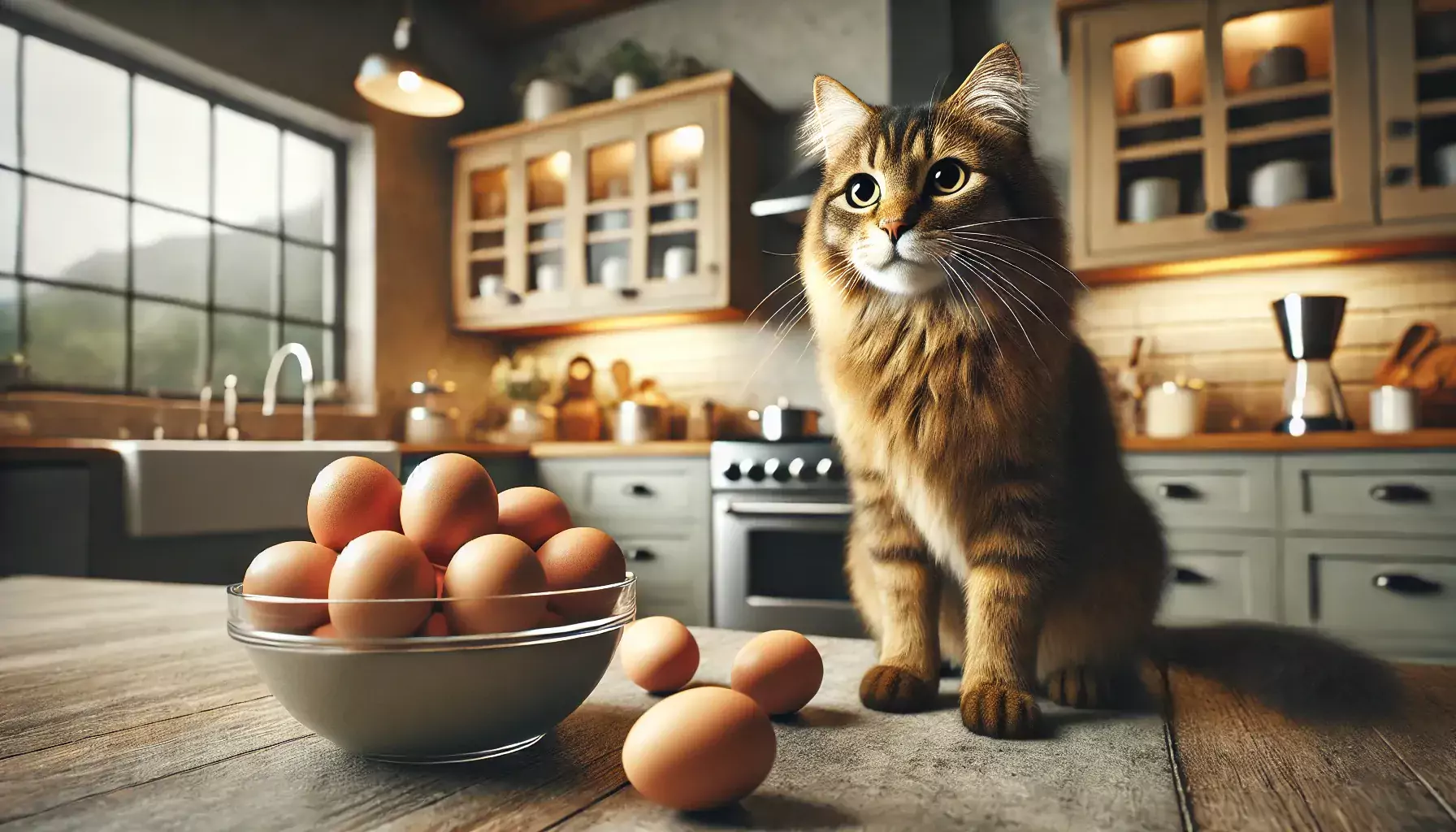 ¿Pueden los gatos comer huevos? 4 Gato sentado junto a un cuenco de huevos en un ambiente acogedor de cocina, destacando la alimentación natural para mascotas.