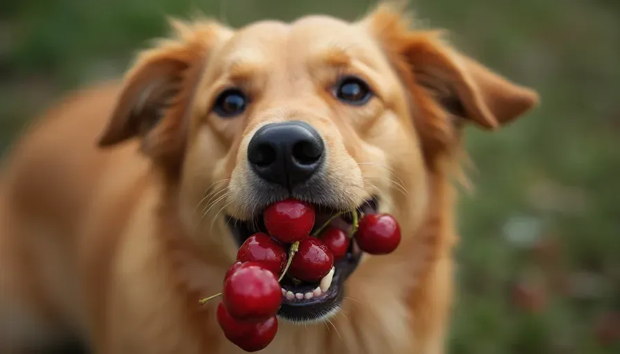 Perro dorado con cerezas en la boca