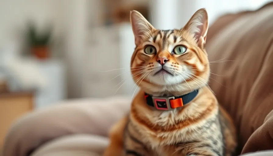 Gato con collar antipulgas sentado en el sofá de un hogar, listo para la protección contra parásitos