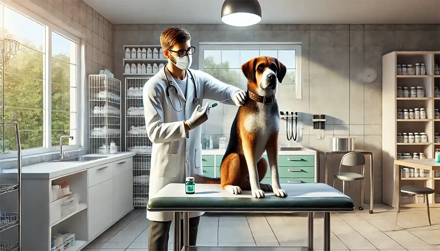 Veterinario vacunando a un perro en una clínica