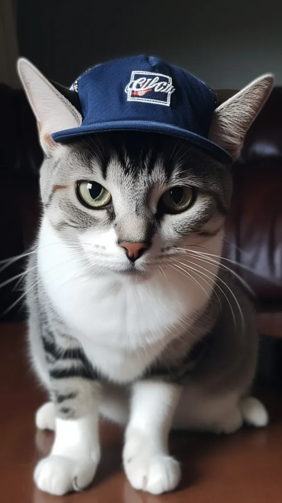 Gato americano de pelo corto 6 Gato American Shorthair con una gorra de béisbol, posando con una mirada seria