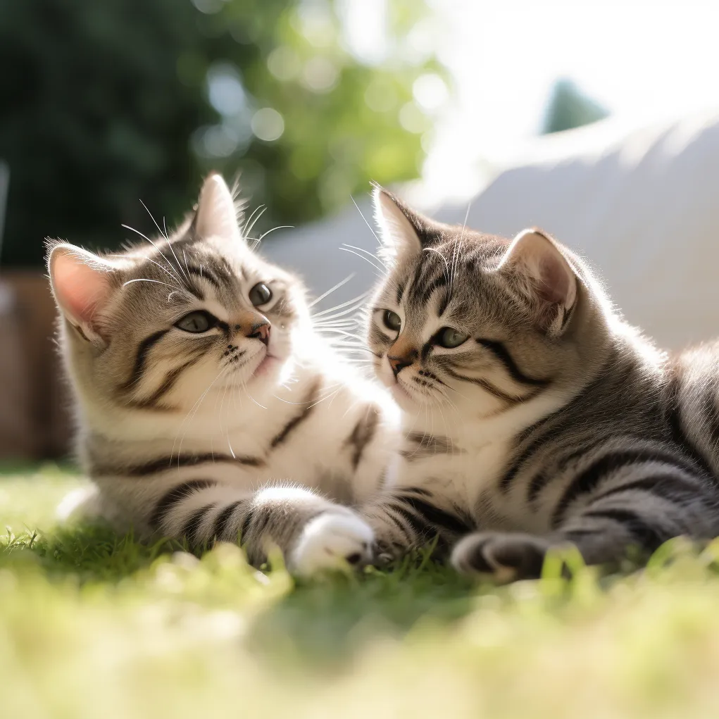 Gato americano de pelo corto 9 Dos gatos American Shorthair rayados jugando al aire libre sobre césped verde