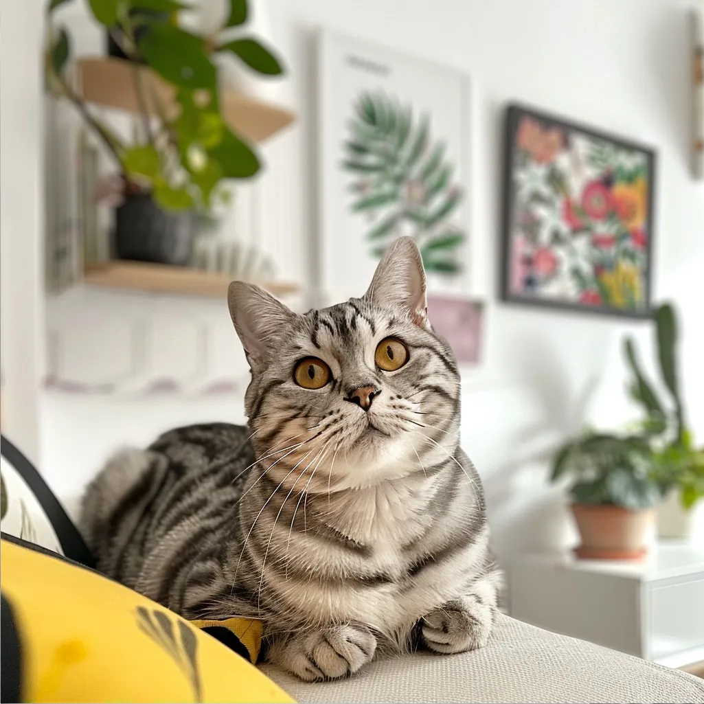 Gato americano de pelo corto 8 Gato American Shorthair gris descansando sobre un sofá beige, mirando directamente a la cámara