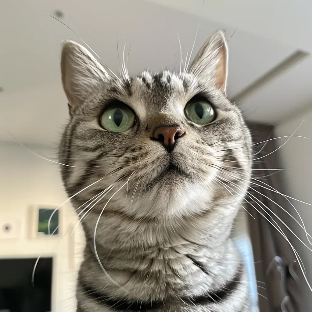 Gato americano de pelo corto 11 Un gato American Shorthair en un moderno interior de casa, con ojos verdes y atentos