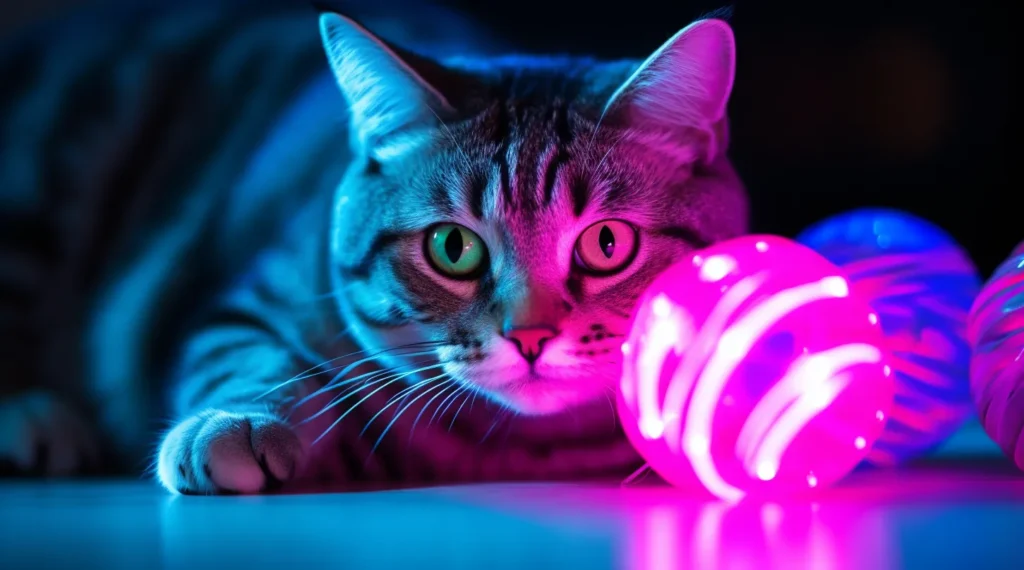 Gato americano de pelo corto 2 Un gato American Shorthair en un ambiente oscuro con luces de neón, mirando intensamente un juguete.
