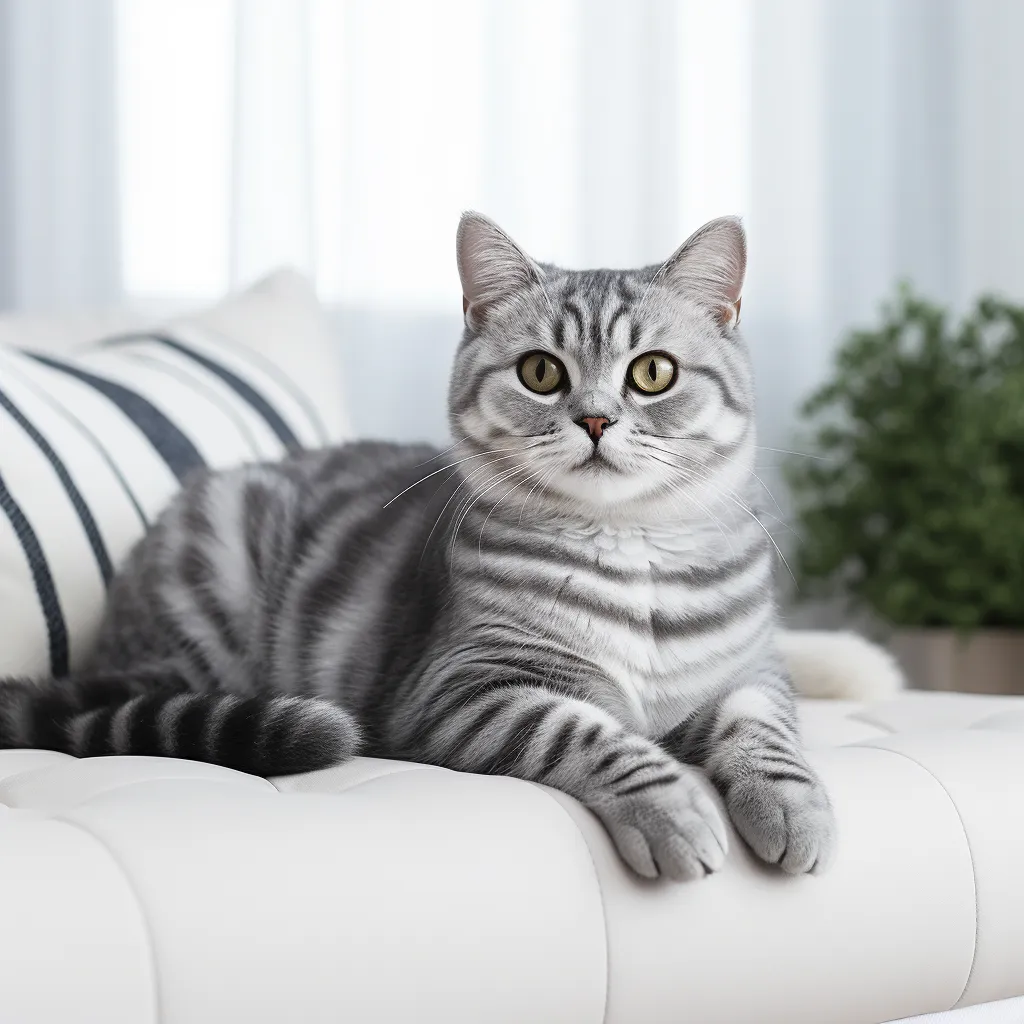 Gato americano de pelo corto 1 Gato American Shorthair descansando en un sofá blanco, con su postura relajada y tranquila.