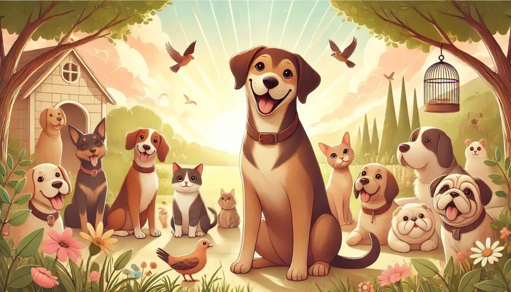 Perros y gatos felices en un ambiente acogedor al aire libre, estilo dibujo animado en tonos rosados
