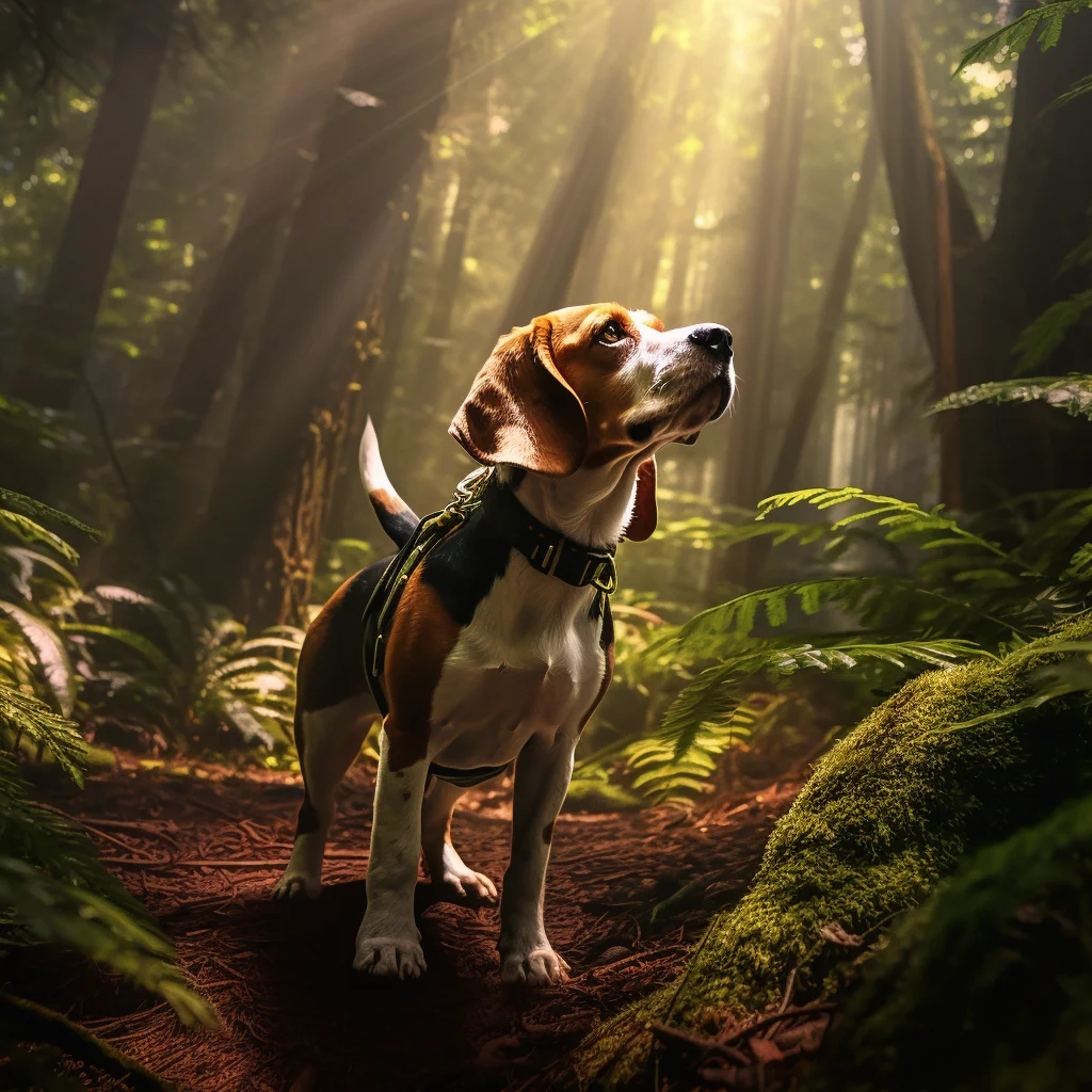 Perro Beagle en un bosque iluminado por rayos de sol