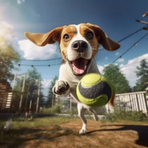 Perro Beagle saltando para atrapar una pelota de tenis