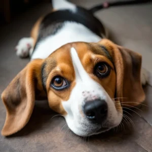 Perro Beagle descansando en el suelo dentro de una casa
